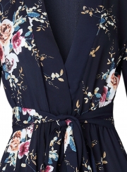 Fashion Casual Floral Printed Half Sleeve V Neck Waist Tie Straight Romper