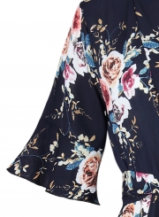 Fashion Casual Floral Printed Half Sleeve V Neck Waist Tie Straight Romper