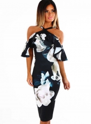 Fashion Slim Floral Printed Short Sleeve Off The Shoulder Dress