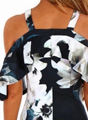 Fashion Slim Floral Printed Short Sleeve Off The Shoulder Dress