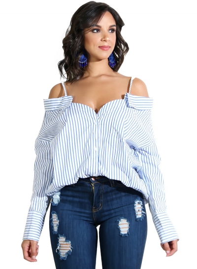 Sexy Loose Striped Strappy Off The Shoulder Long Sleeve Button Down Shirt STYLESIMO.com