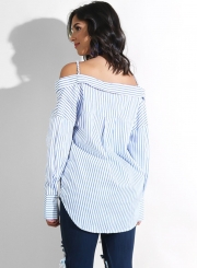 Sexy Loose Striped Strappy Off The Shoulder Long Sleeve Button Down Shirt