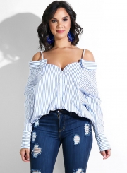 Sexy Loose Striped Strappy Off The Shoulder Long Sleeve Button Down Shirt