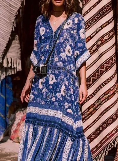 Boho Vocation Loose Printed Half Sleeve V Neck Front Buttons Maxi Dress YOUYOUFASHIONEC.com