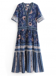 Boho Vocation Loose Printed Half Sleeve V Neck Front Buttons Maxi Dress