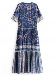 Boho Vocation Loose Printed Half Sleeve V Neck Front Buttons Maxi Dress