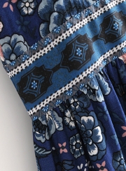 Boho Vocation Loose Printed Half Sleeve V Neck Front Buttons Maxi Dress