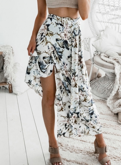 Fashion Casual Floral Printed Waist Tie Slit Long Skirt