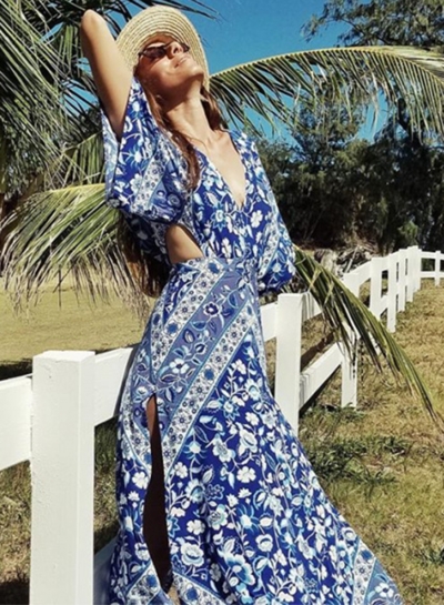 Summer Floral Printed Backless Lace-Up V Neck High Waist Slit Maxi Dress LZDINTECOMMERCE.com