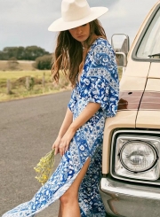 Summer Floral Printed Backless Lace-Up V Neck High Waist Slit Maxi Dress