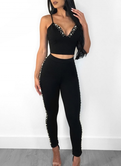Sexy Solid Pearl Strappy V Neck Zip Crop Top With High Waist Pencil Pants