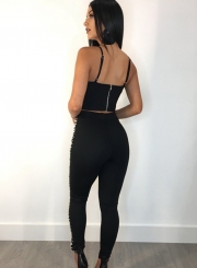 Sexy Solid Pearl Strappy V Neck Zip Crop Top With High Waist Pencil Pants