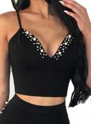 Sexy Solid Pearl Strappy V Neck Zip Crop Top With High Waist Pencil Pants