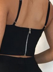 Sexy Solid Pearl Strappy V Neck Zip Crop Top With High Waist Pencil Pants