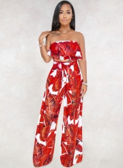 Fashion Printed Chest Wrapped Ruffle Crop Top Waist Tie Wide Leg Pants Set