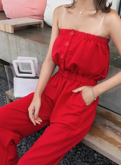 Fashion Solid Chest Wrapped High Waist Straight Wide Leg Jumpsuit LEXELFASHIONINTSHOPS.com