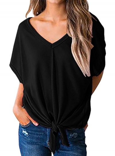 Summer Casual Solid Short Sleeve V Neck Front Knot Blouse LEXELFASHIONINTSHOPS.com