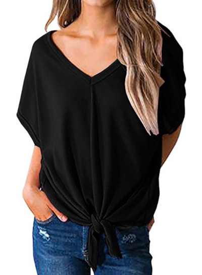 Summer Casual Solid Short Sleeve V Neck Front Knot Blouse STYLESIMO.com