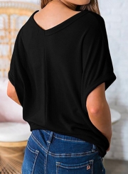 Summer Casual Solid Short Sleeve V Neck Front Knot Blouse