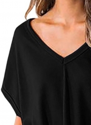 Summer Casual Solid Short Sleeve V Neck Front Knot Blouse