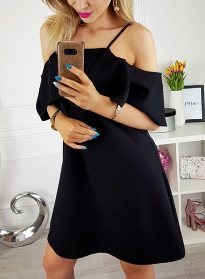 Fashion Sexy Loose Solid Strappy Off The Shoulder Ruffle Neckline Dress YOUYOUFASHIONEC.com