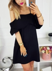 Fashion Sexy Loose Solid Strappy Off The Shoulder Ruffle Neckline Dress
