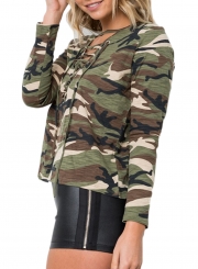 Casual Loose Camouflage Long Sleeve Lace-Up Neck Tee Shirt