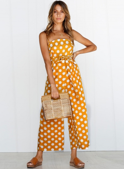 Polka Dots Spaghetti Strap Waist Tie Wide Leg Pockets Jumpsuit YOUYOUFASHIONEC.com