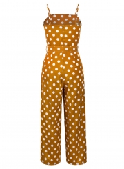 Polka Dots Spaghetti Strap Waist Tie Wide Leg Pockets Jumpsuit