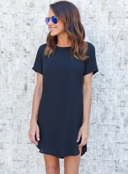 Casual Loose Solid Short Sleeve Round Neck Chiffon Dress