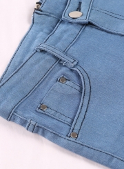 Sexy Denim Burrs Back Zipper Fly Wash Wide Leg Shorts With Pockets