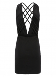 Sexy Solid Sleeveless V Neck Cross Straps Back Bodycon Dress With Zip