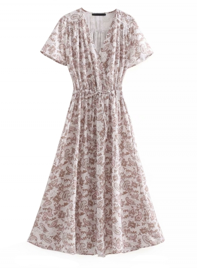 Boho Sweet Floral Printed Short Sleeve V Neck Elastic Waist Maxi Dress LEXELFASHIONINTSHOPS.com