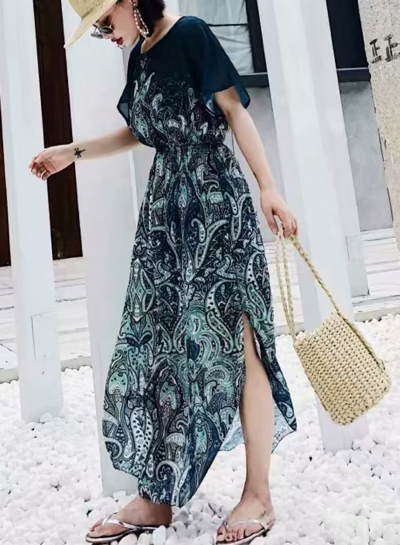 Casual Printed Short Sleeve Round Neck High Waist Slit Dress LEXELFASHIONINTSHOPS.com