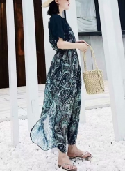 Casual Printed Short Sleeve Round Neck High Waist Slit Dress