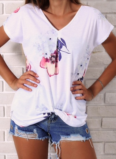 Casual Loose Floral Printed Short Sleeve V Neck Women Tee Shirt