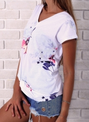 Casual Loose Floral Printed Short Sleeve V Neck Women Tee Shirt