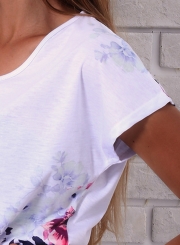 Casual Loose Floral Printed Short Sleeve V Neck Women Tee Shirt