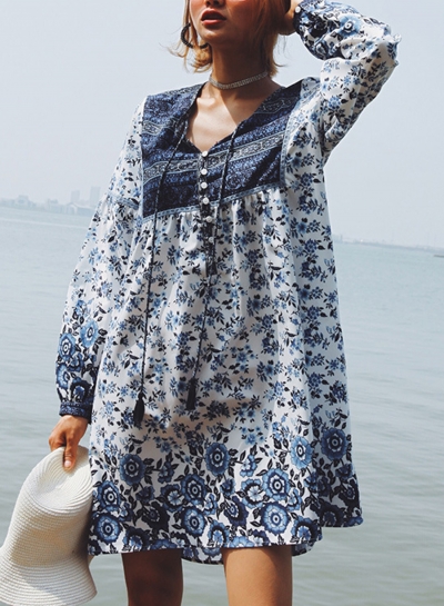 Loose Vintage Floral Long Lantern Sleeve V Neck Lace-Up Dress With Tassel LZDINTECOMMERCE.com