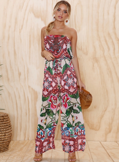 Fashion Floral Printed Chest Wrapped Waist Tie Straight Wide Leg Jumpsuit