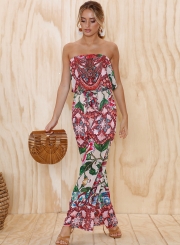 Fashion Floral Printed Chest Wrapped Waist Tie Straight Wide Leg Jumpsuit