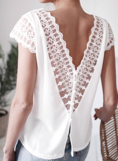 Fashion Sexy Solid Lace Splicing V Neck Backless Hollow Out Tee STYLESIMO.com