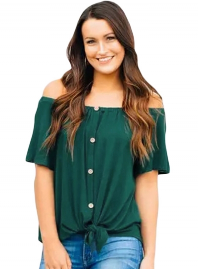 Green Off the Shoulder Short Sleeve Button Top STYLESIMO.com
