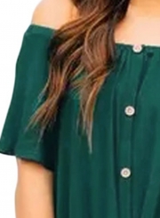 Green Off the Shoulder Short Sleeve Button Top