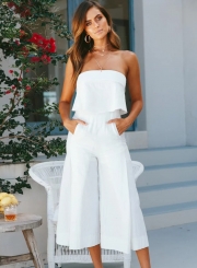 Casual Solid Off The Shoulder Backless Wide Leg Jumpsuit With Zip