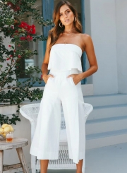 Casual Solid Off The Shoulder Backless Wide Leg Jumpsuit With Zip