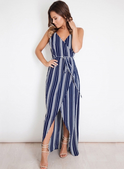 Fashion Striped Spaghetti Strap Sleeveless V Neck Waist Tie Slit Dress LZDINTECOMMERCE.com