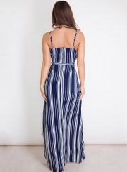 Fashion Striped Spaghetti Strap Sleeveless V Neck Waist Tie Slit Dress