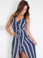 Fashion Striped Spaghetti Strap Sleeveless V Neck Waist Tie Slit Dress