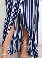 Fashion Striped Spaghetti Strap Sleeveless V Neck Waist Tie Slit Dress